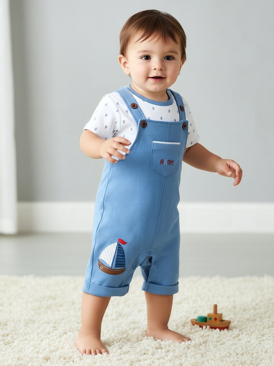 Short Sleeves and Dungaree Set with Sailboat Print