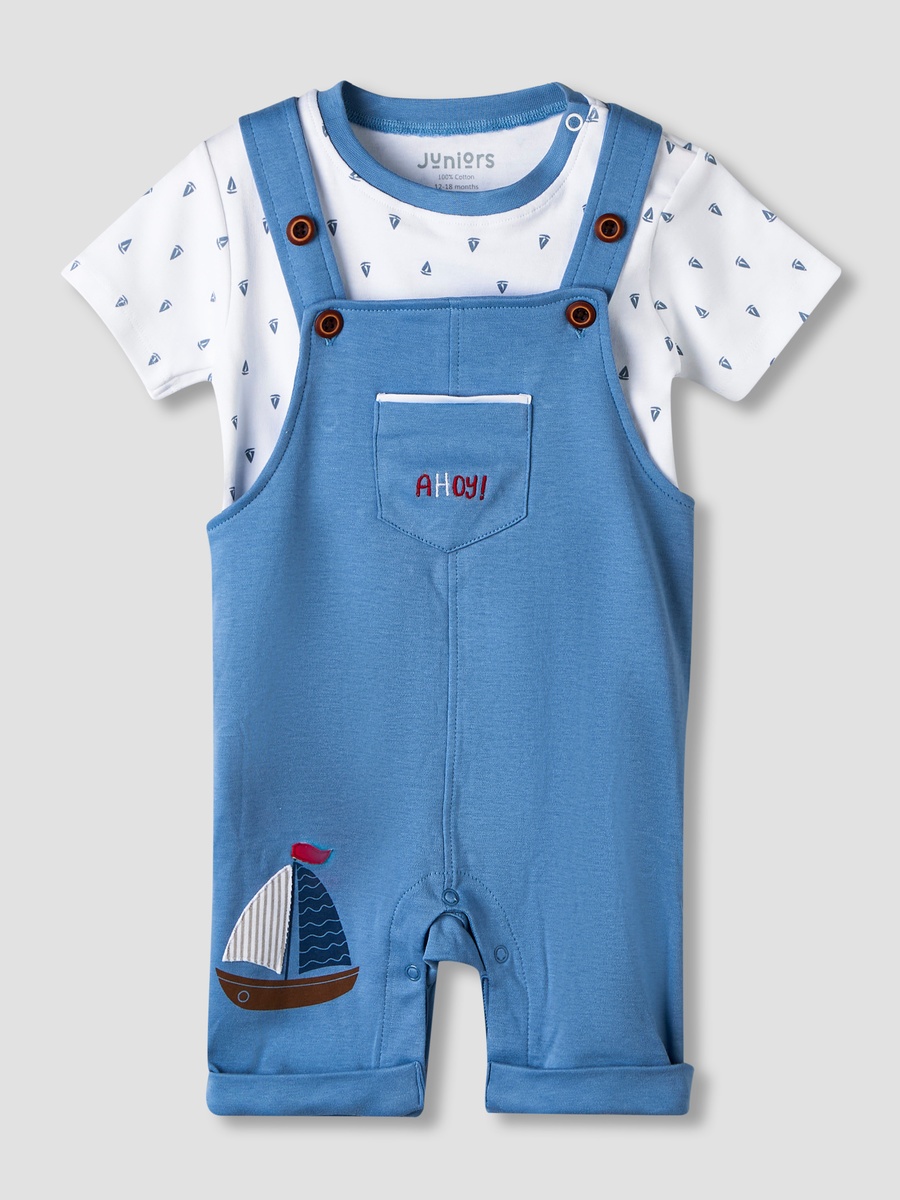Short Sleeves and Dungaree Set with Sailboat Print