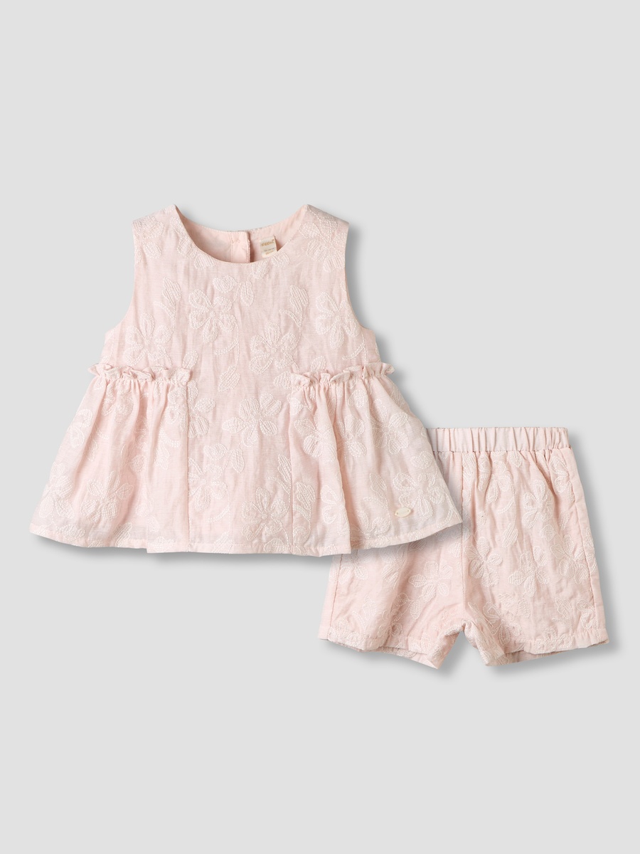 Round Neck Sleeveless Peplum Top and Shorts Set with Floral Embroidery