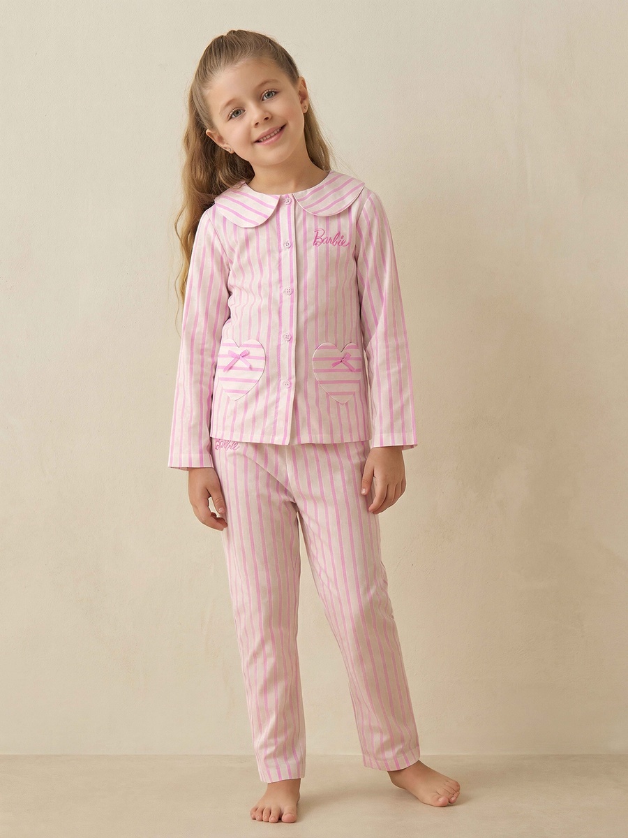 Cotton Peter Pan Collar Long Sleeves Pyjama Set with Barbie Embroidery