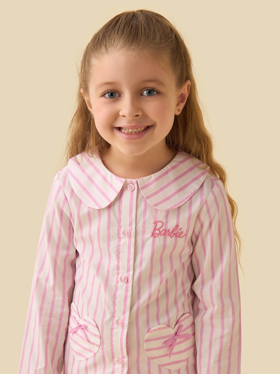 Cotton Peter Pan Collar Long Sleeves Pyjama Set with Barbie Embroidery