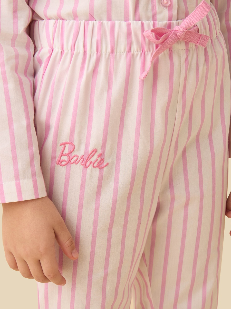 Cotton Peter Pan Collar Long Sleeves Pyjama Set with Barbie Embroidery