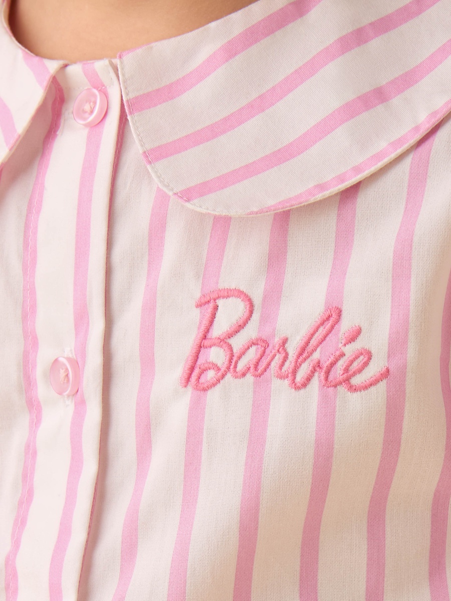 Cotton Peter Pan Collar Long Sleeves Pyjama Set with Barbie Embroidery