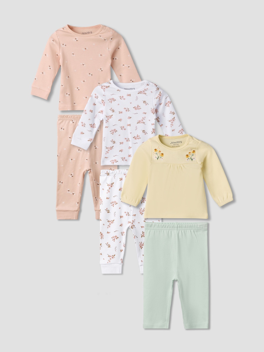 Pack of 3 Cotton Round Neck Long Sleeves Pyjama Set with Floral Print