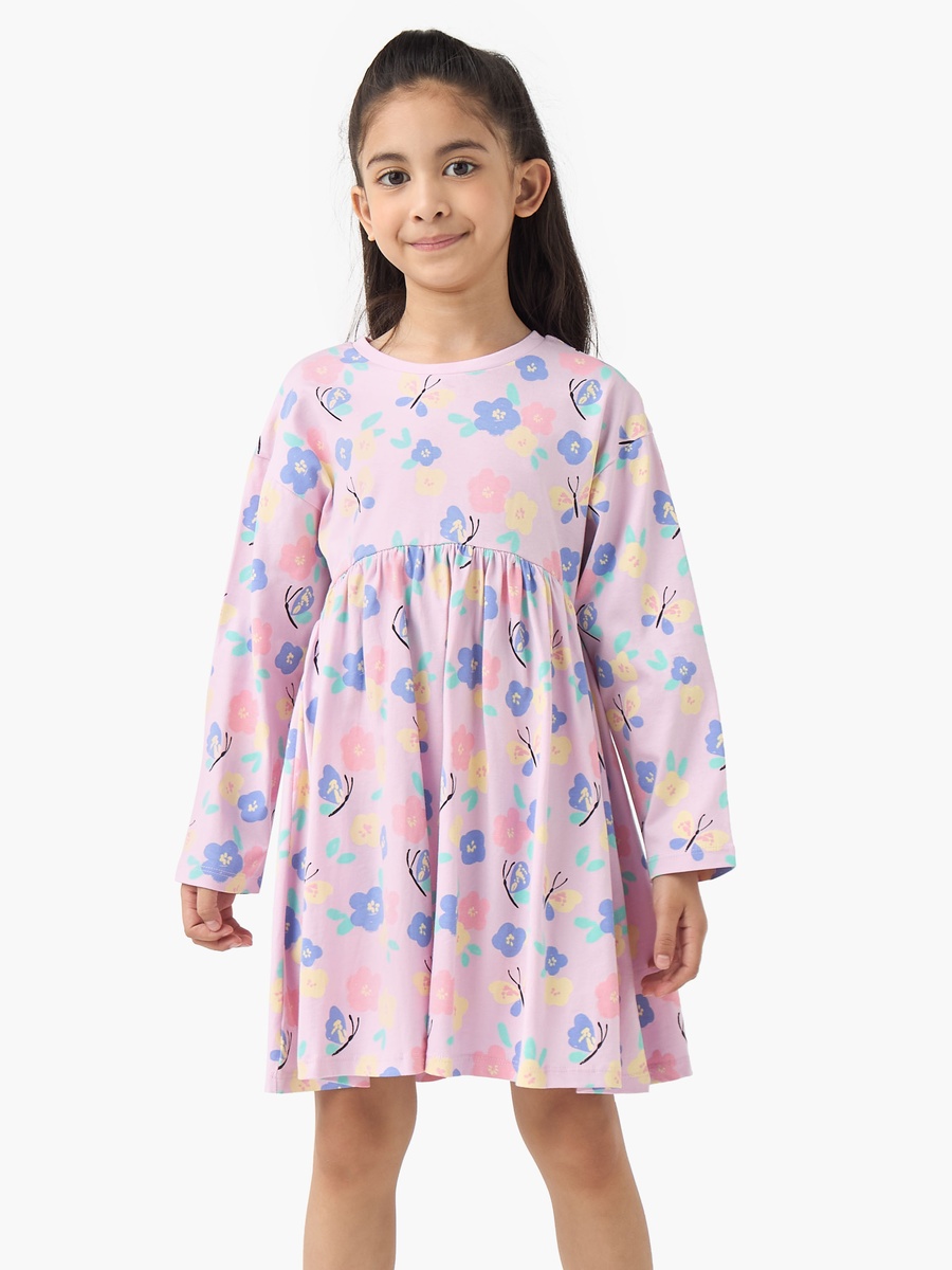 Round Neck Long Sleeves Skater Dress with Floral Print