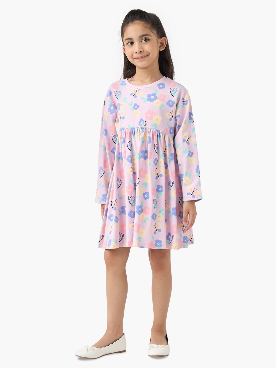 Round Neck Long Sleeves Skater Dress with Floral Print
