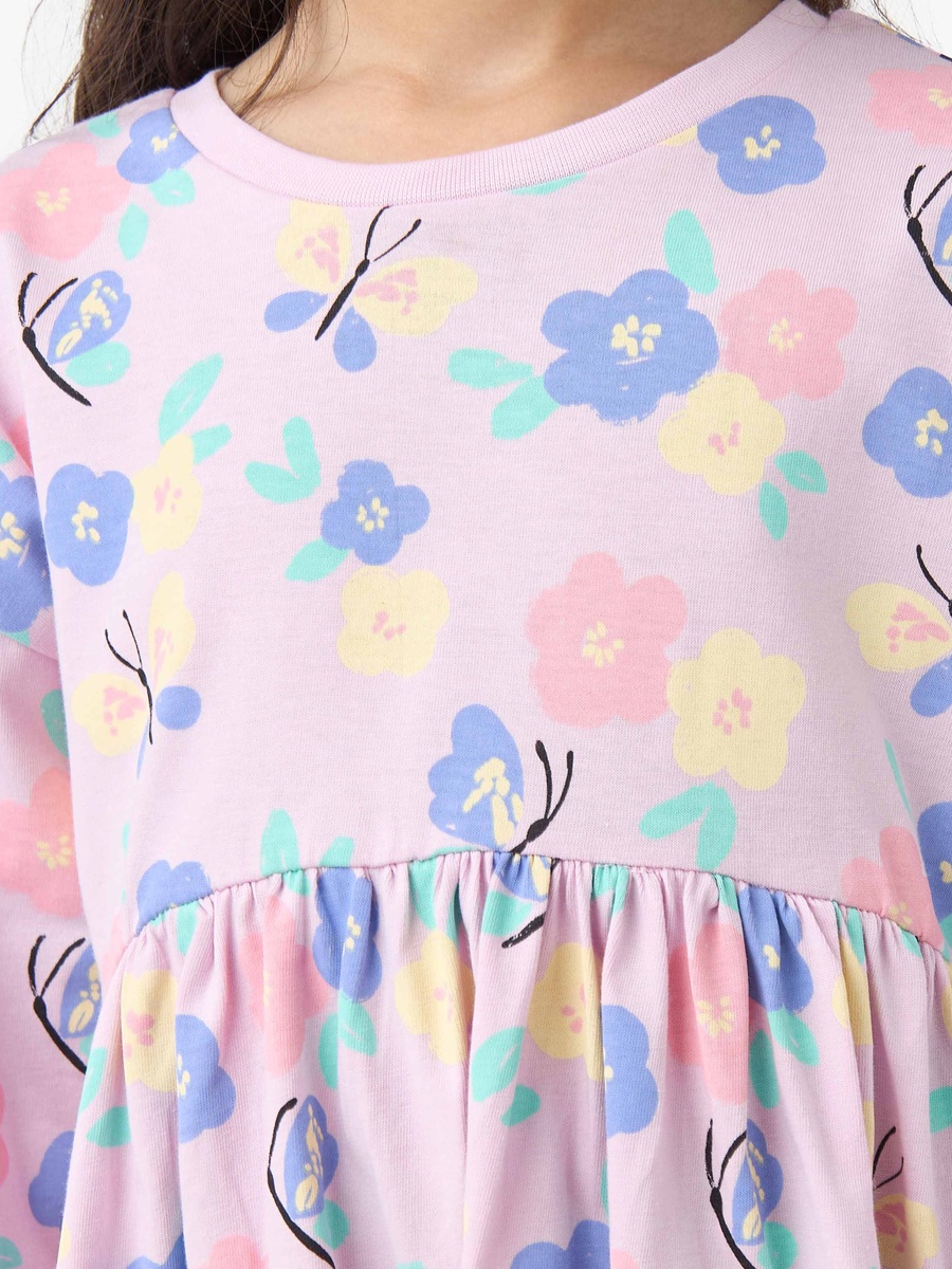 Round Neck Long Sleeves Skater Dress with Floral Print
