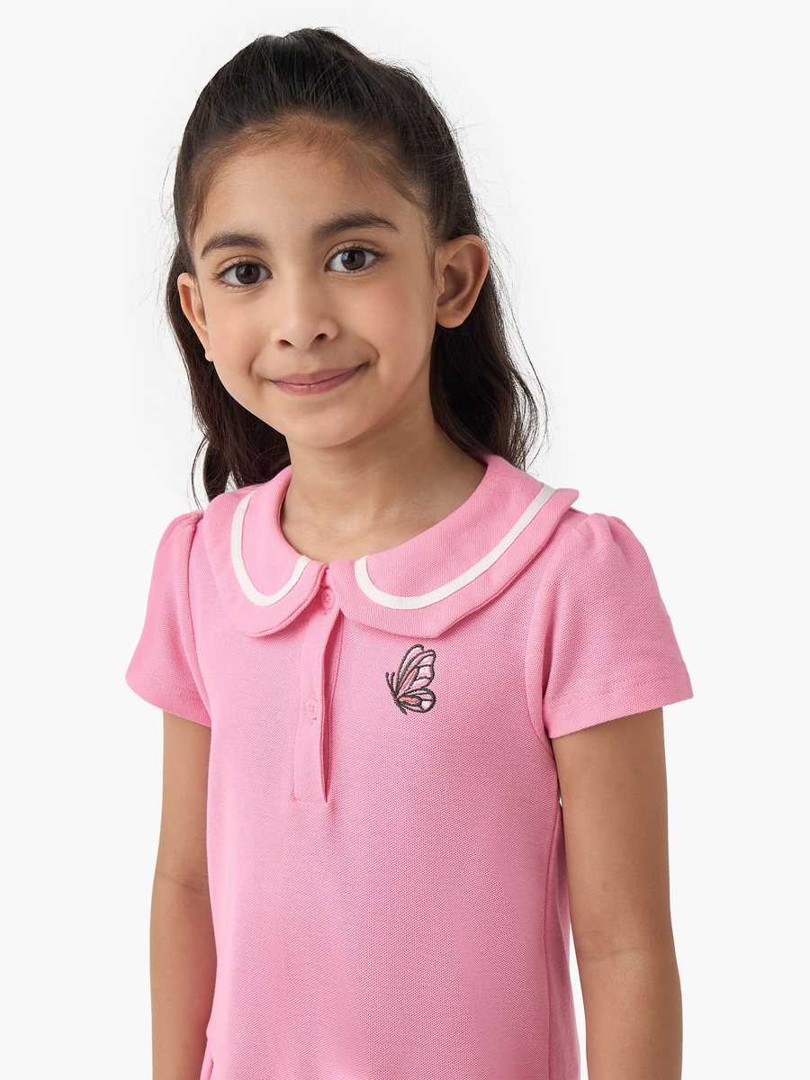 Peter Pan Collar Short Sleeves Dress with Butterfly Embroidery