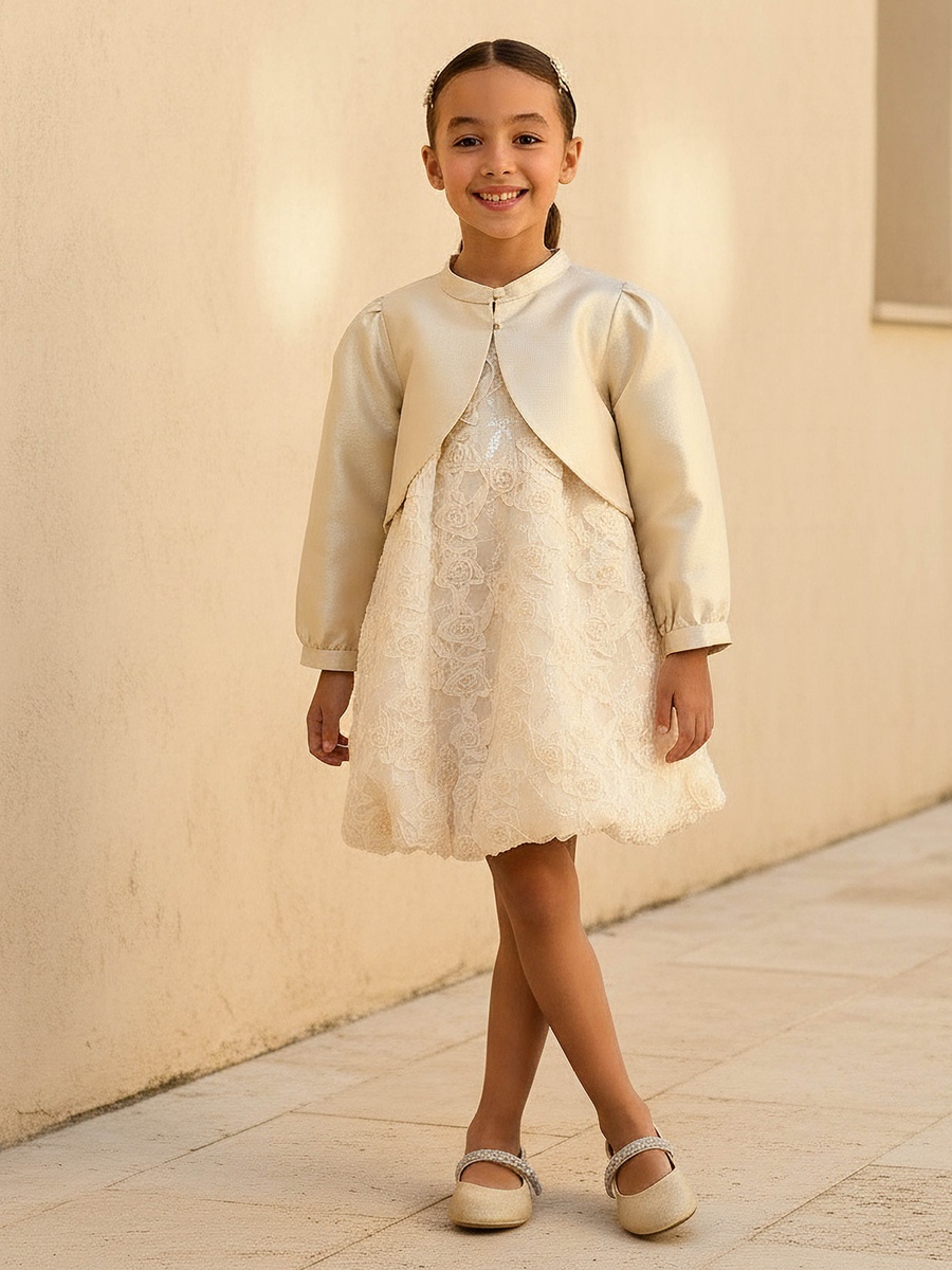 Round Neck Dress and Bolero Set with Floral Lace Texture