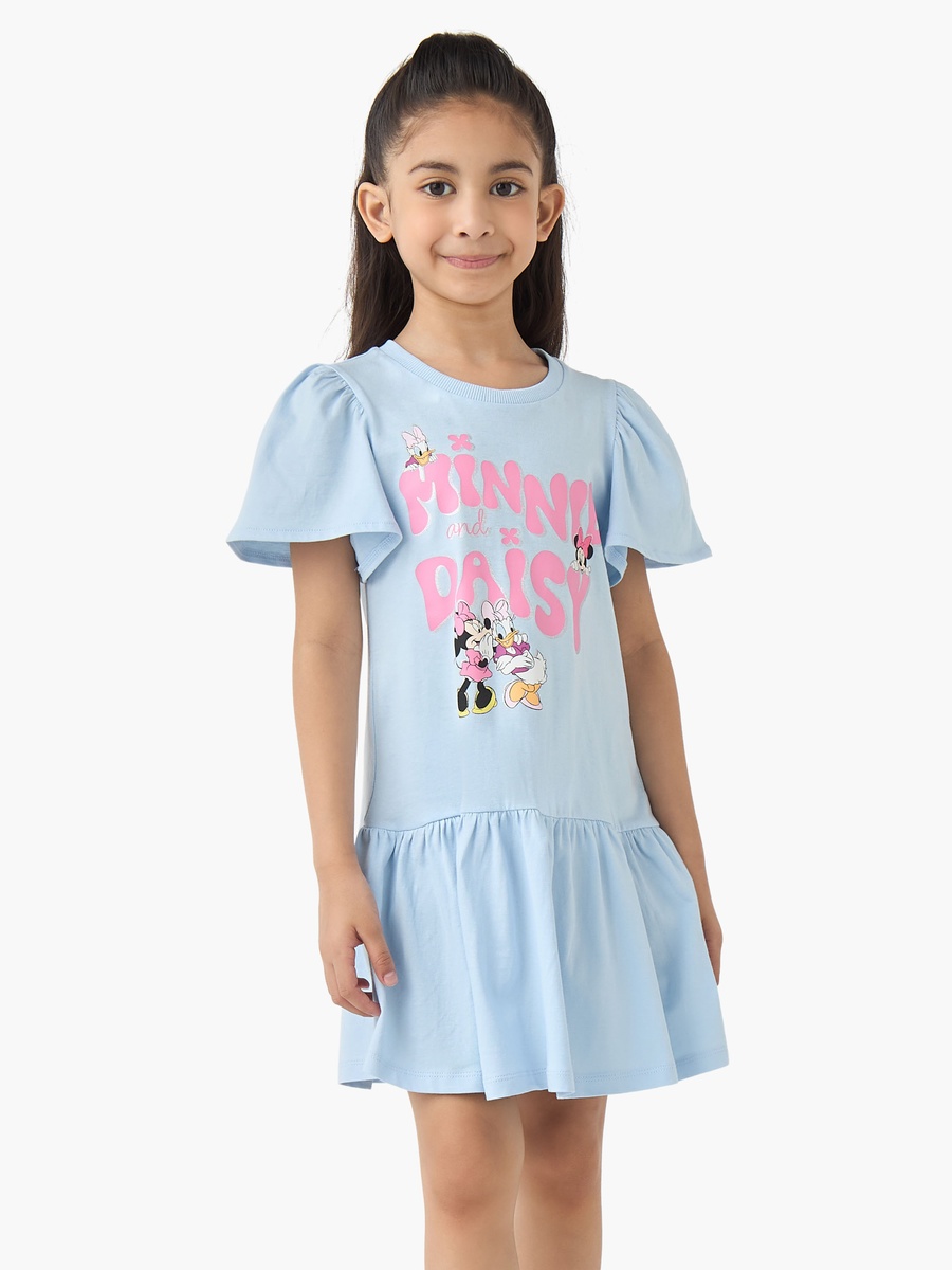 Round Neck Short Sleeves A-Line Dress with Minnie and Daisy Print