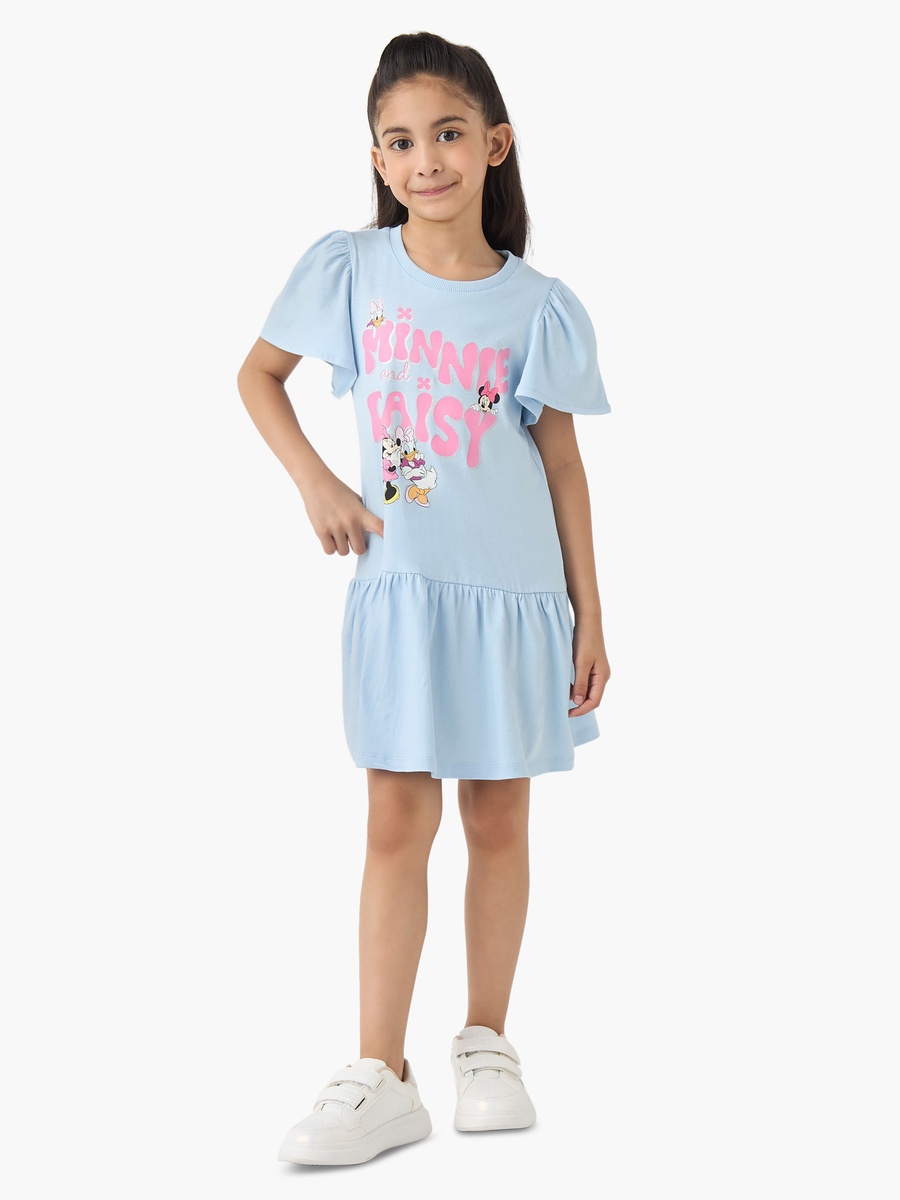 Round Neck Short Sleeves A-Line Dress with Minnie and Daisy Print