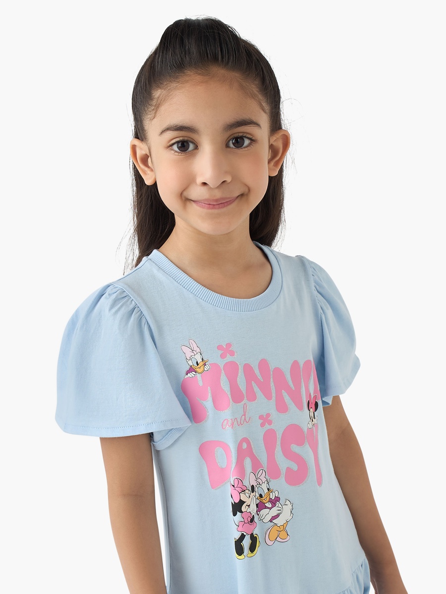 Round Neck Short Sleeves A-Line Dress with Minnie and Daisy Print