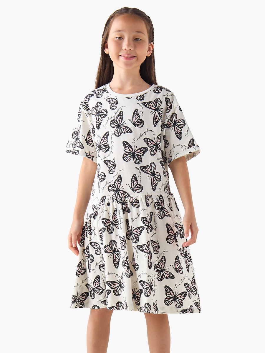 Round Neck Short Sleeves A-Line Dress with Butterfly Print