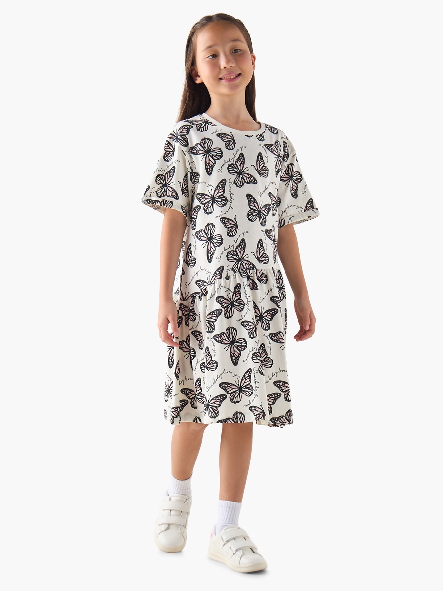 Round Neck Short Sleeves A-Line Dress with Butterfly Print