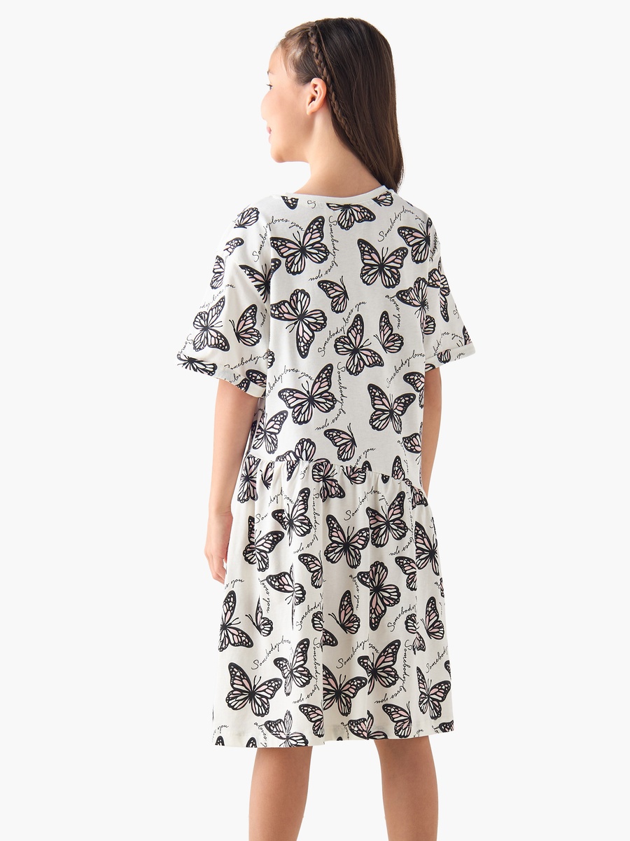 Round Neck Short Sleeves A-Line Dress with Butterfly Print