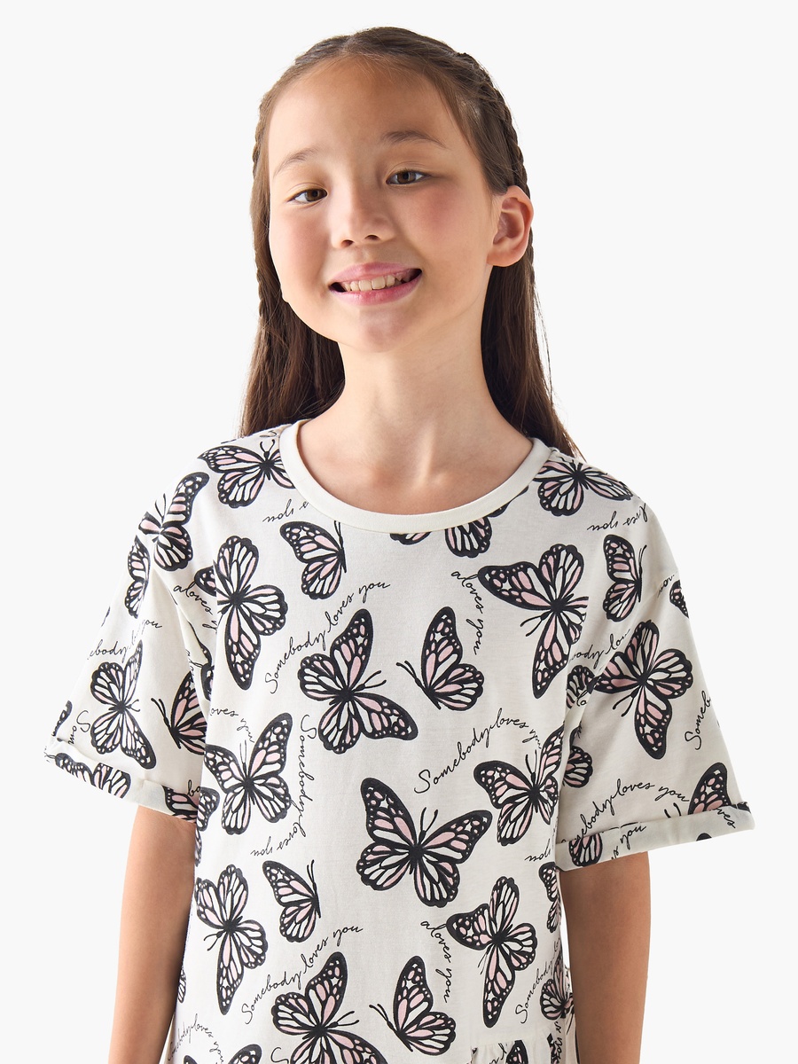 Round Neck Short Sleeves A-Line Dress with Butterfly Print