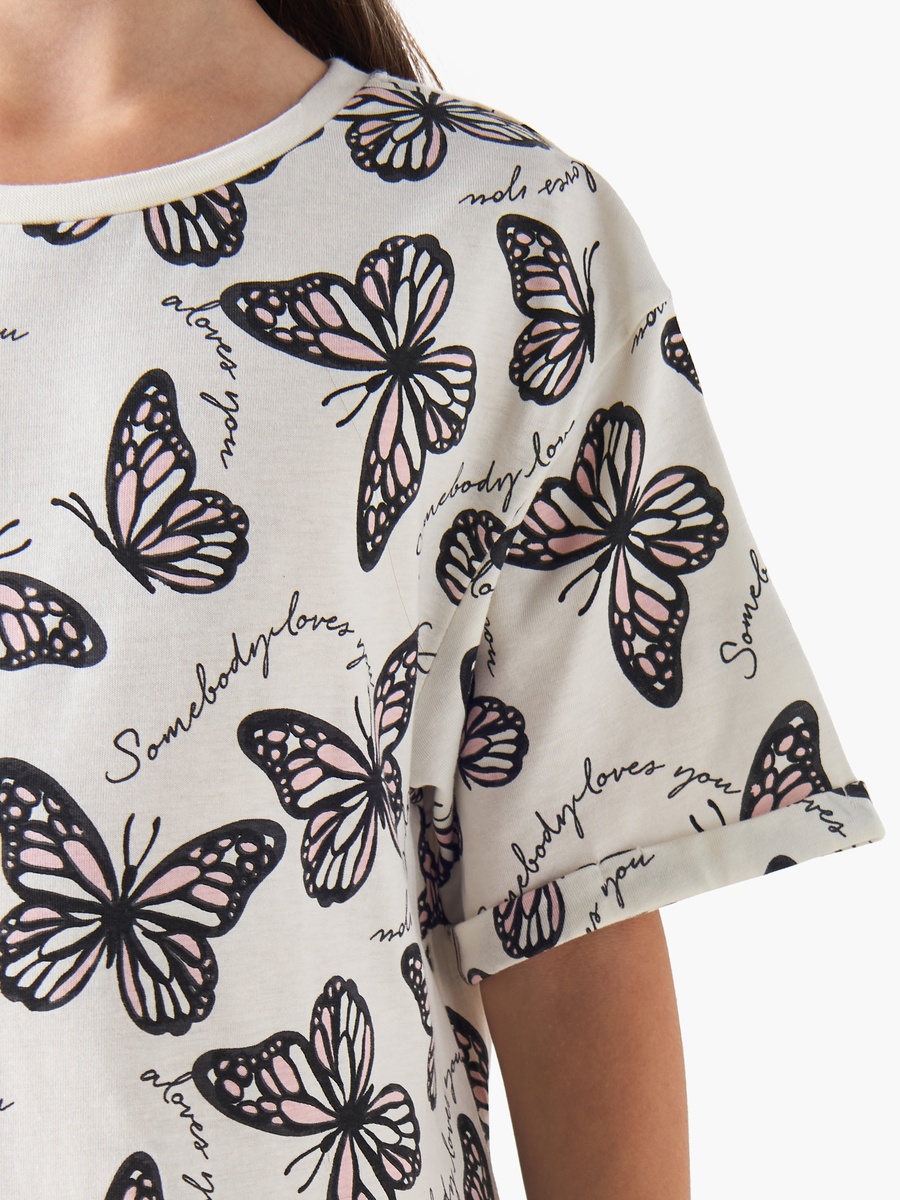 Round Neck Short Sleeves A-Line Dress with Butterfly Print