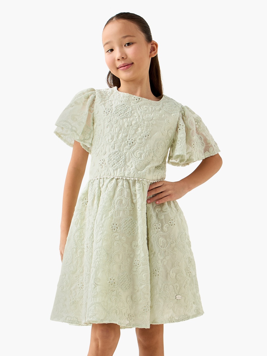 Square Neck Short Sleeves Dress with Embroidery