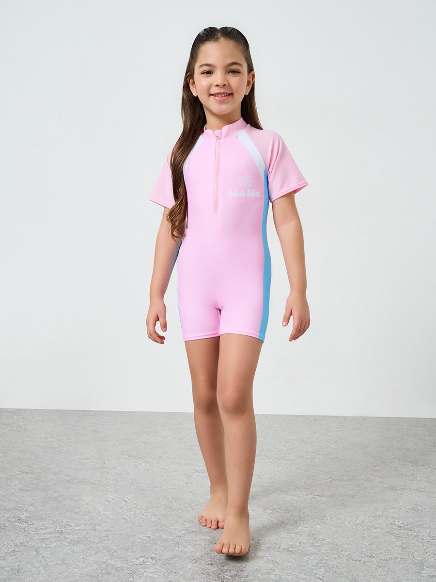 Girls Pink Short Sleeve Swimsuit