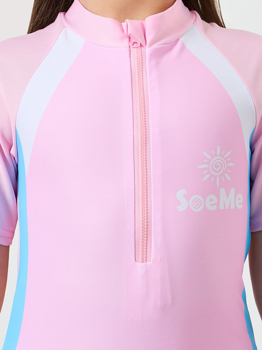 Girls Pink Short Sleeve Swimsuit