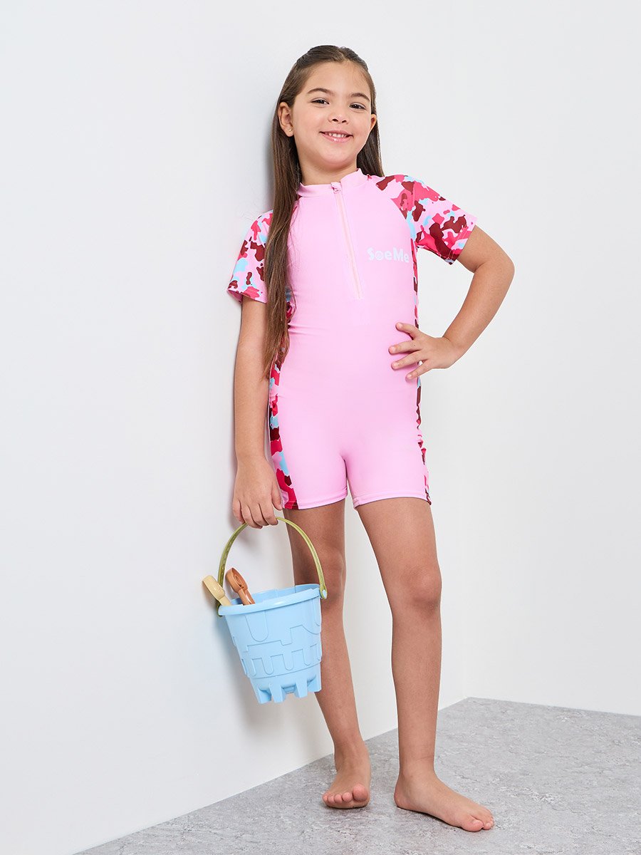 Girls Side Panel Print Swimsuit with Quarter Zip