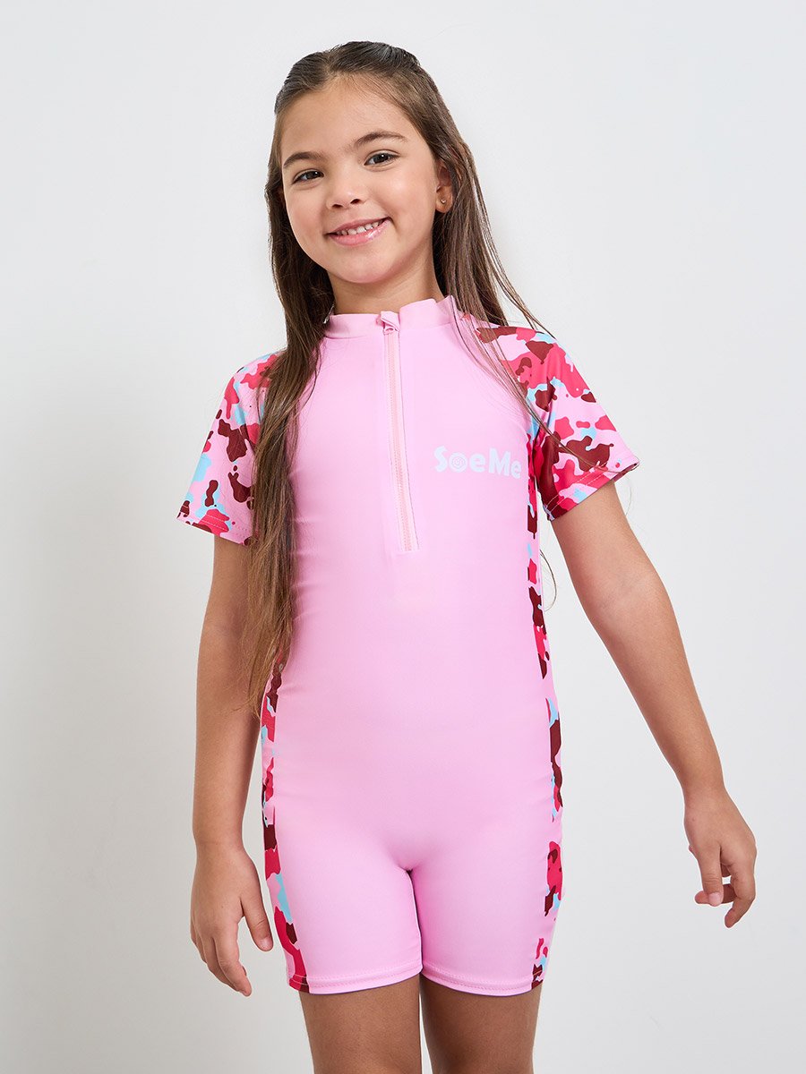 Girls Side Panel Print Swimsuit with Quarter Zip