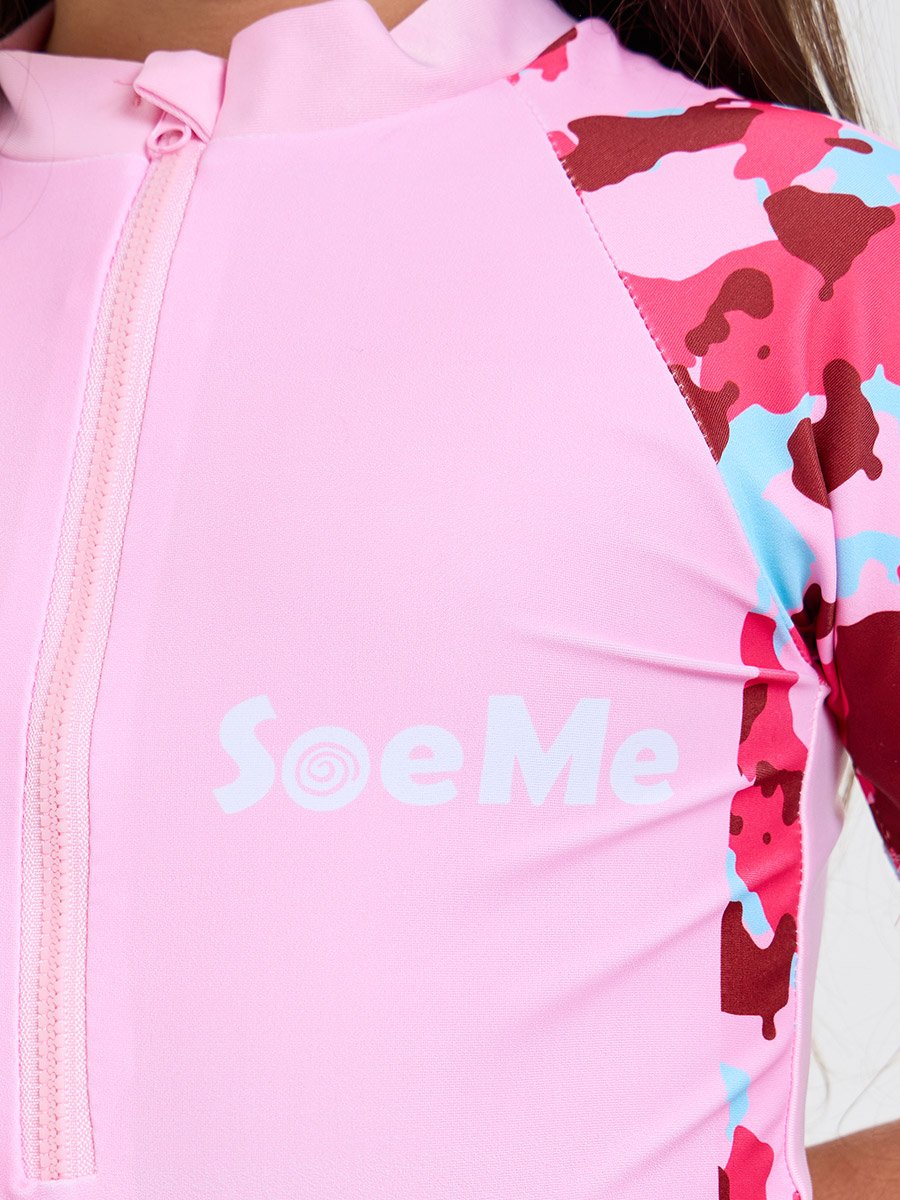 Girls Side Panel Print Swimsuit with Quarter Zip