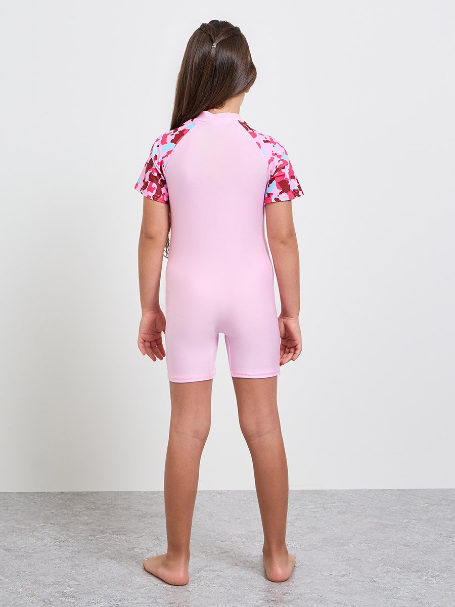 Girls Side Panel Print Swimsuit with Quarter Zip