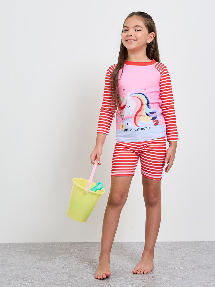 Girls Striped Graphic Print T-Shirt and Swim Shorts Set