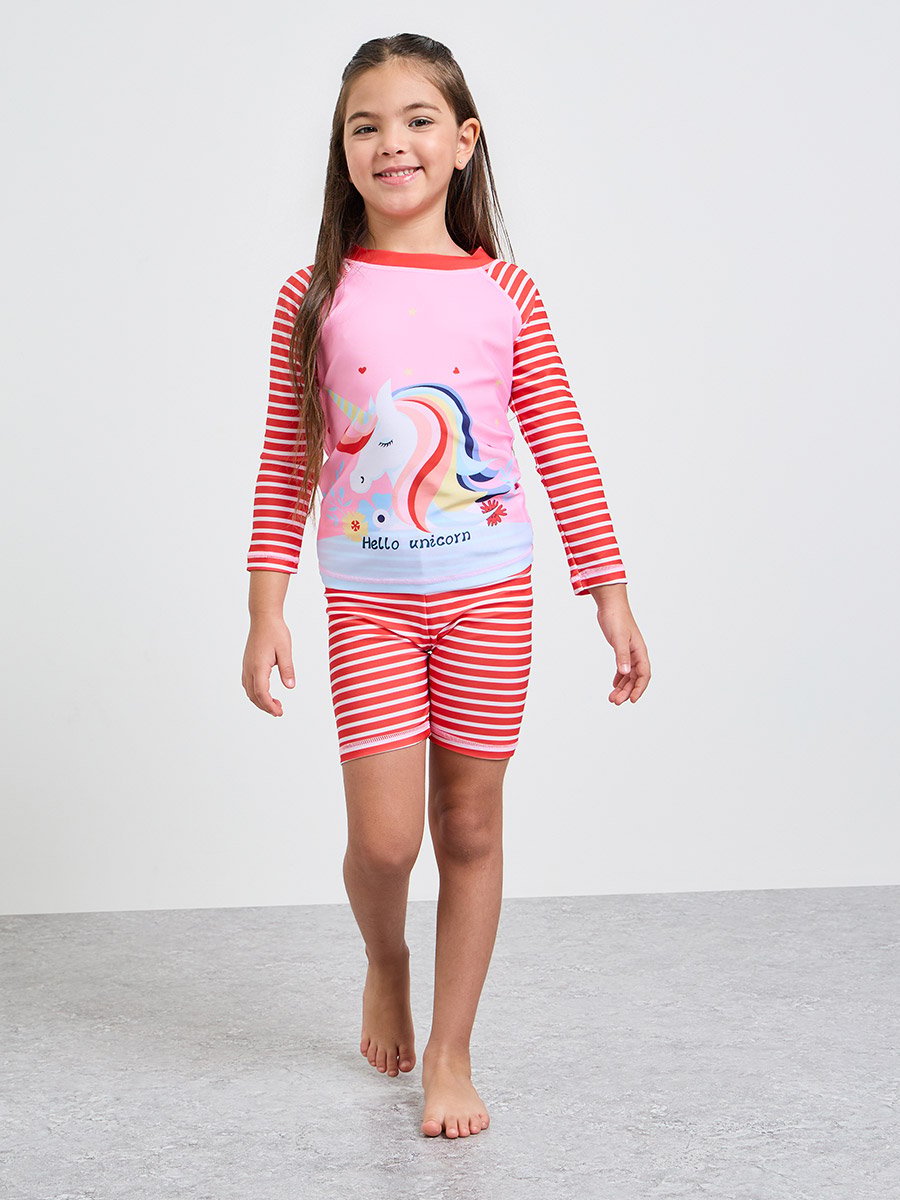 Girls Striped Graphic Print T-Shirt and Swim Shorts Set
