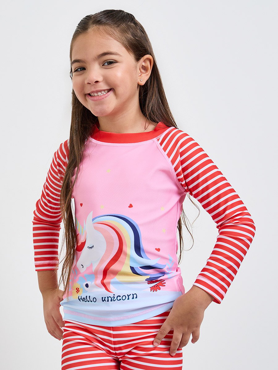 Girls Striped Graphic Print T-Shirt and Swim Shorts Set