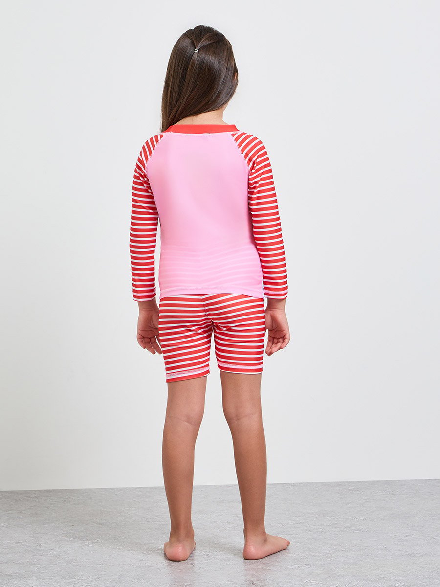 Girls Striped Graphic Print T-Shirt and Swim Shorts Set