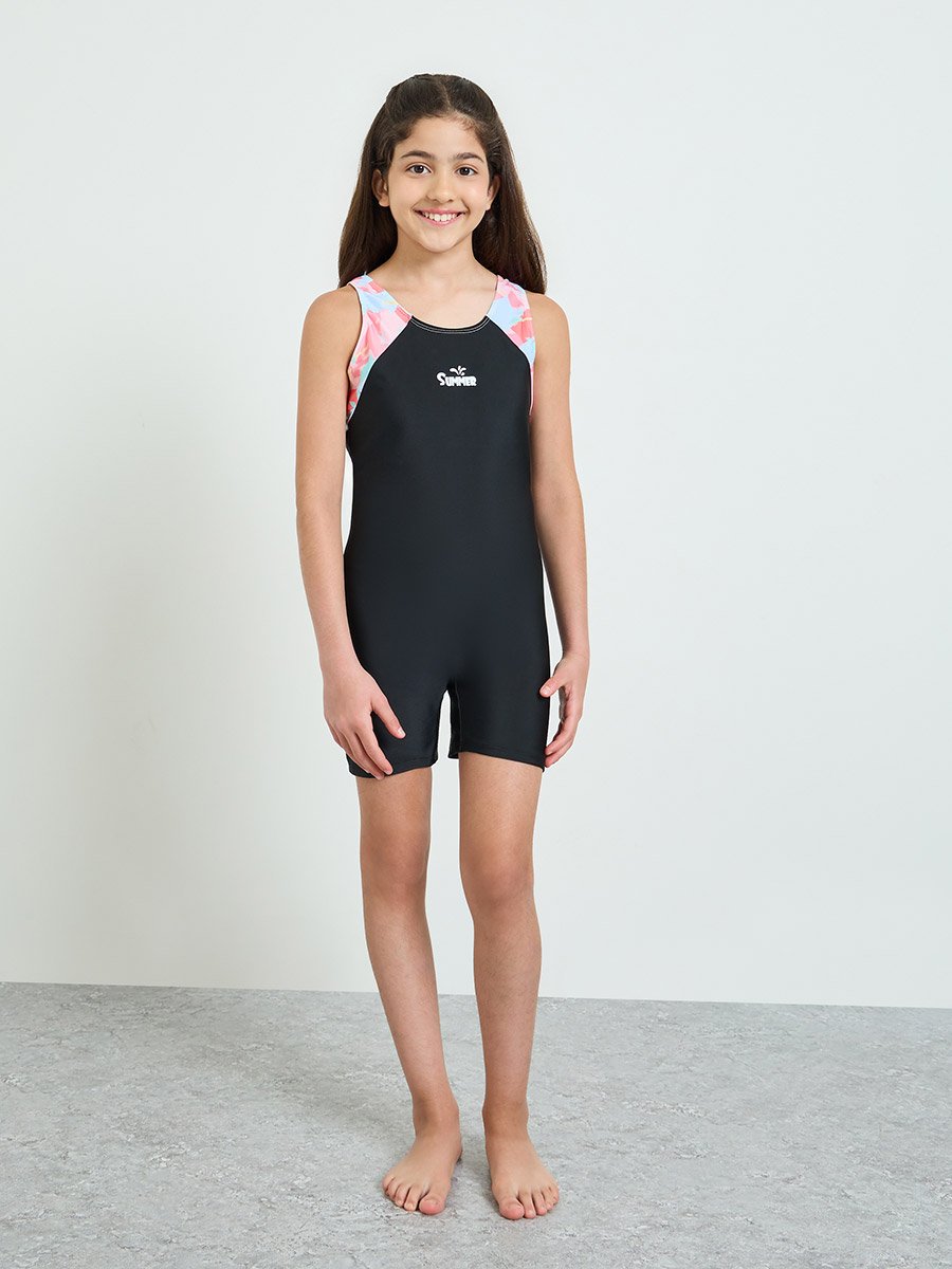 Teen Girls Printed Panel Sleeveless Swimsuit