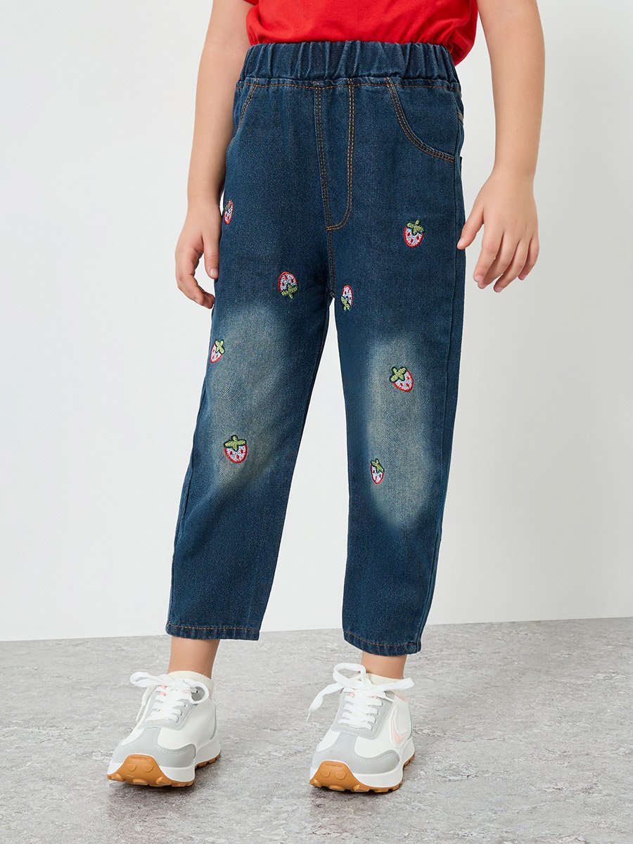Girls Blue Strawberry Embroidered Jeans