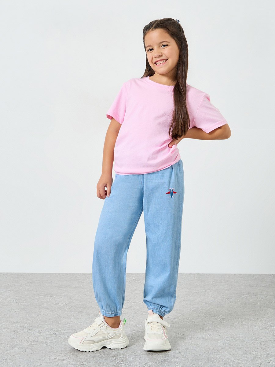 Girls Light Blue Embroidered Jogger Jeans