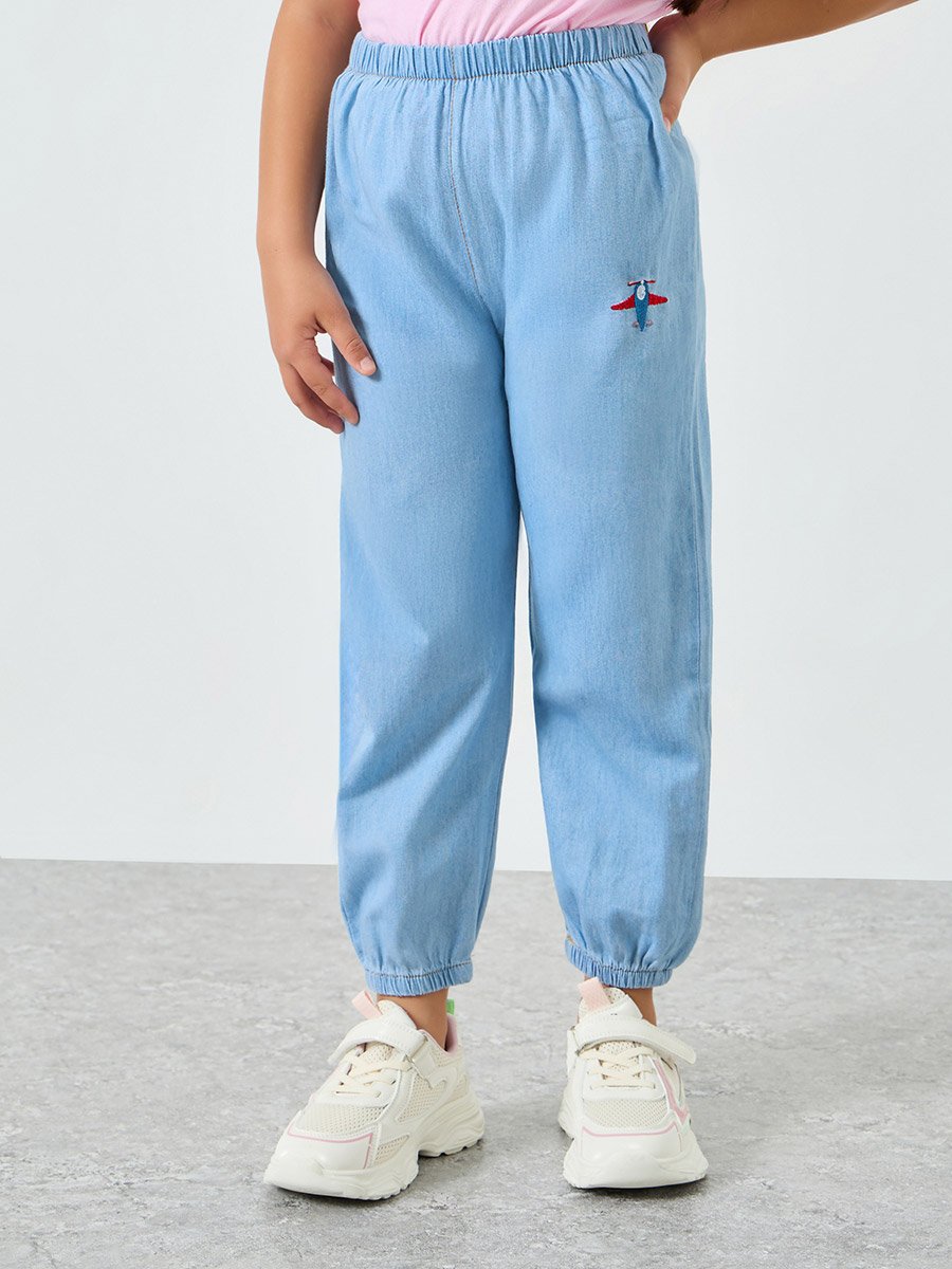 Girls Light Blue Embroidered Jogger Jeans