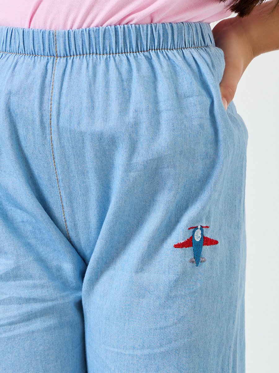 Girls Light Blue Embroidered Jogger Jeans