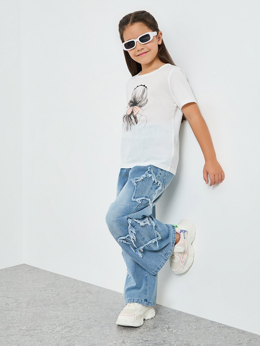 Girls Blue Wide Leg Jeans with Distressed Star Detail