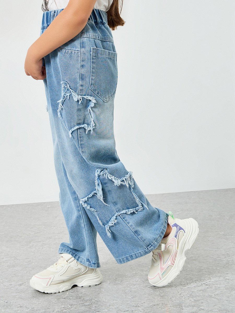 Girls Blue Wide Leg Jeans with Distressed Star Detail