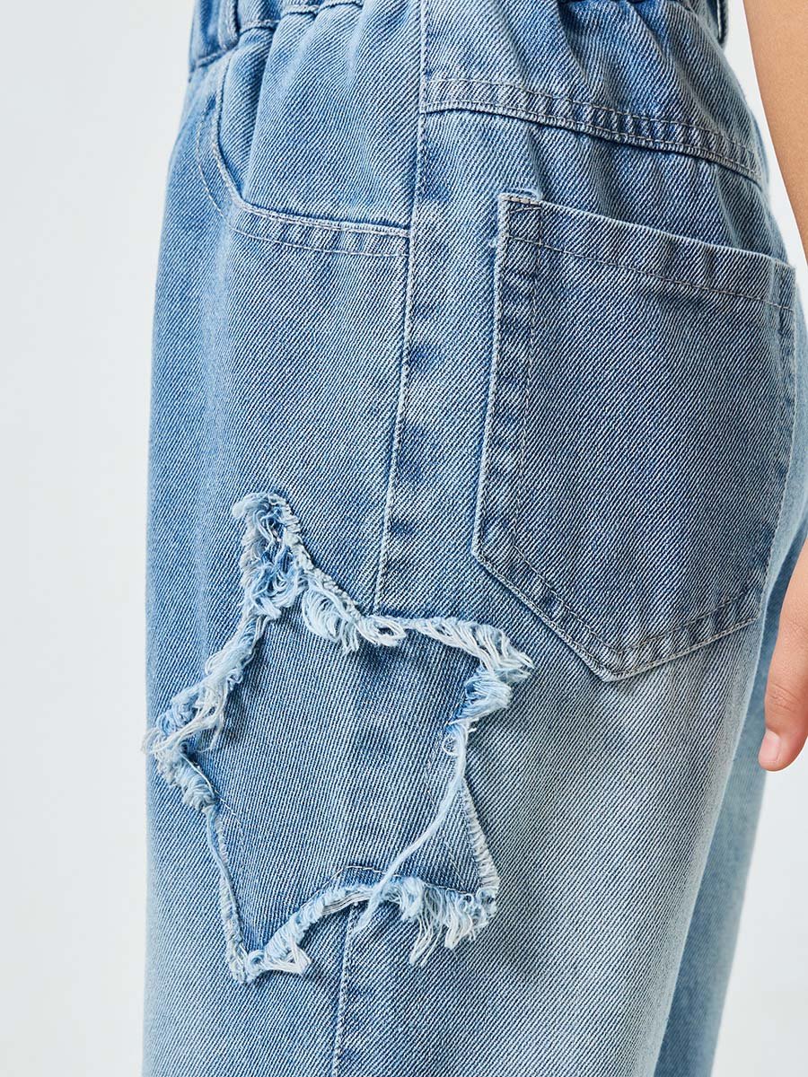 Girls Blue Wide Leg Jeans with Distressed Star Detail