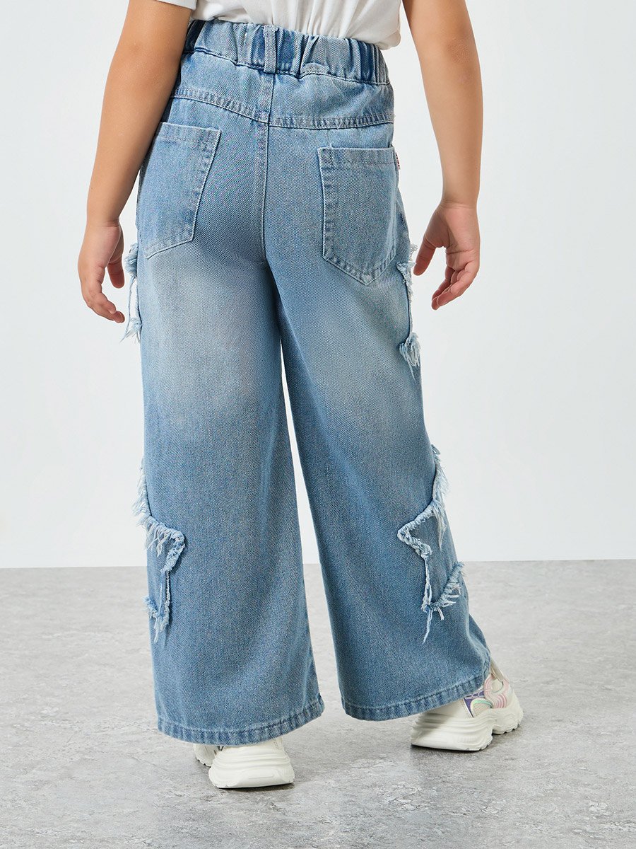 Girls Blue Wide Leg Jeans with Distressed Star Detail