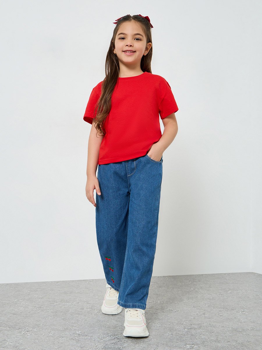 Girls Blue Embroidered Cherry Wide Leg Jeans
