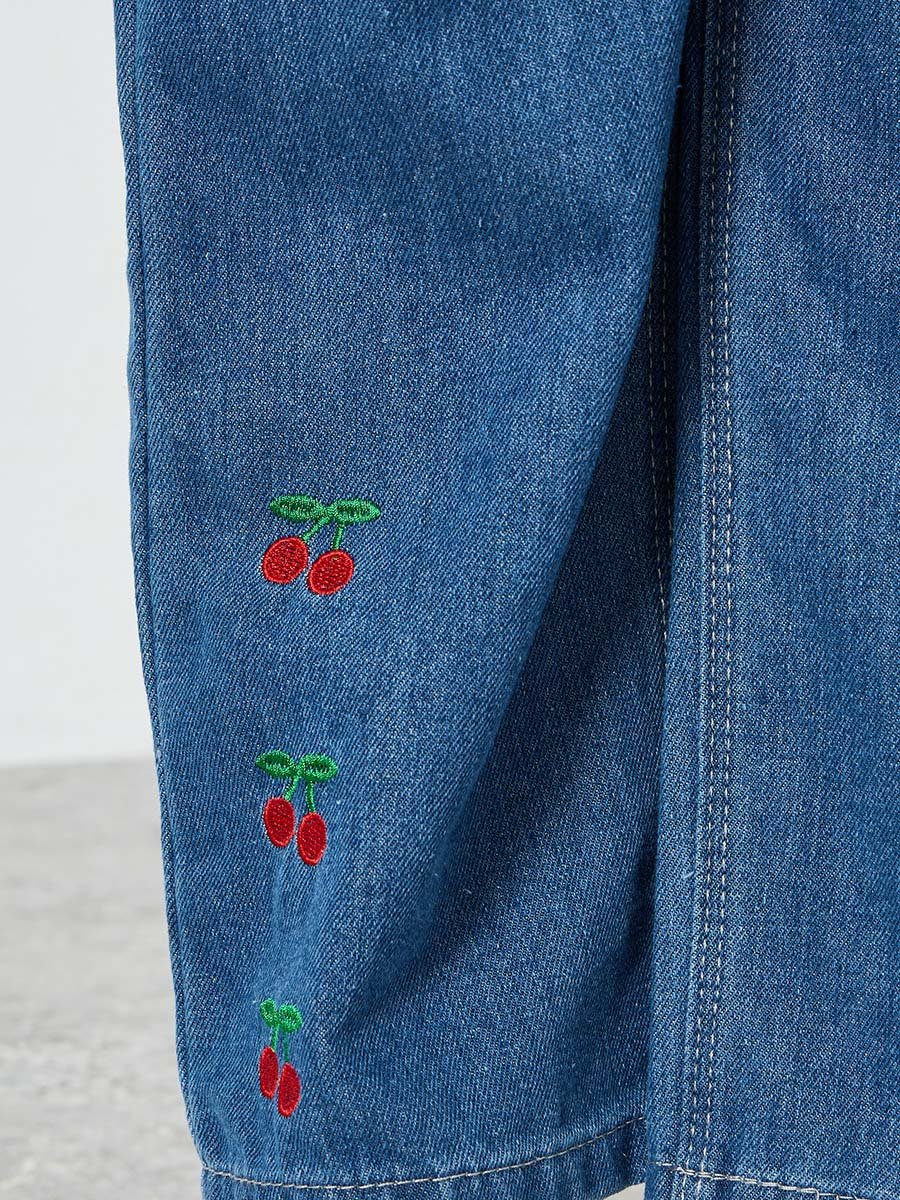 Girls Blue Embroidered Cherry Wide Leg Jeans