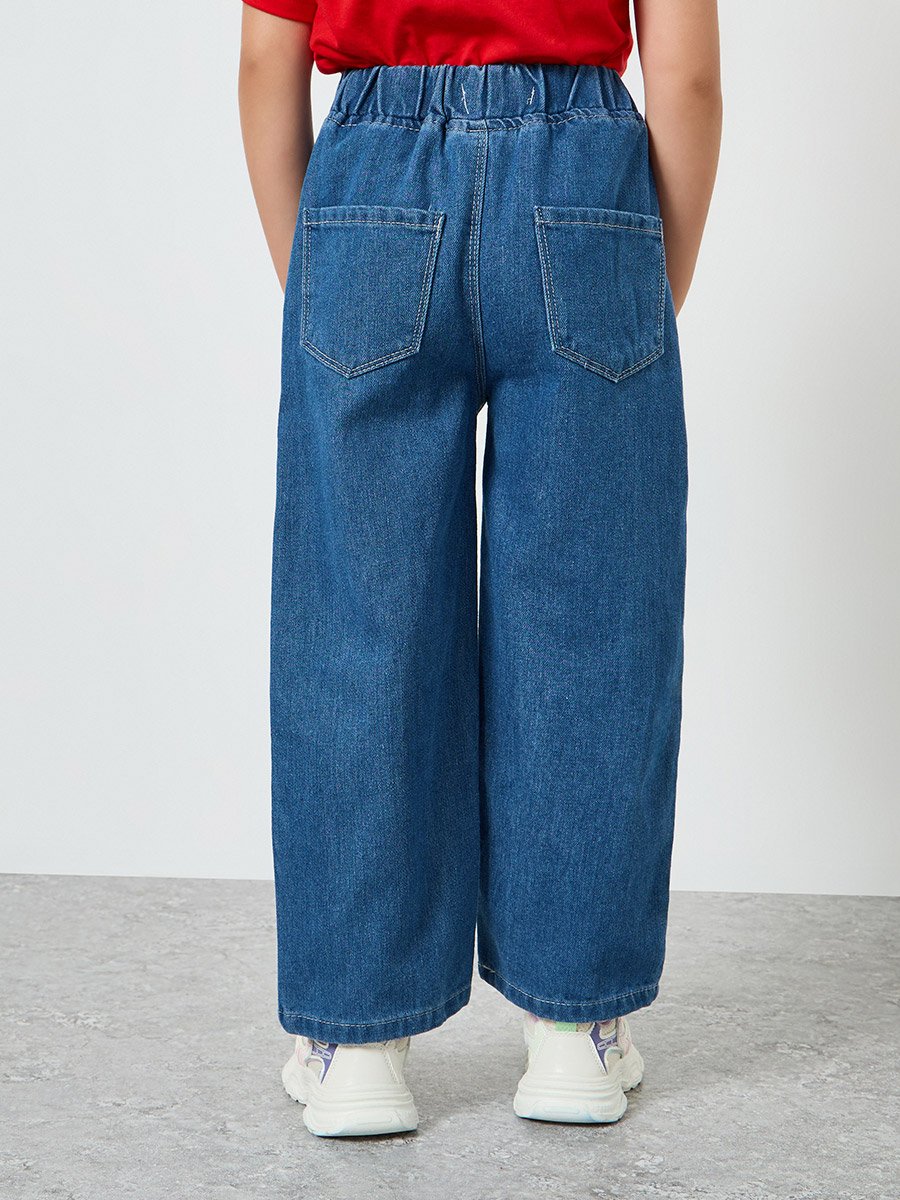 Girls Blue Embroidered Cherry Wide Leg Jeans