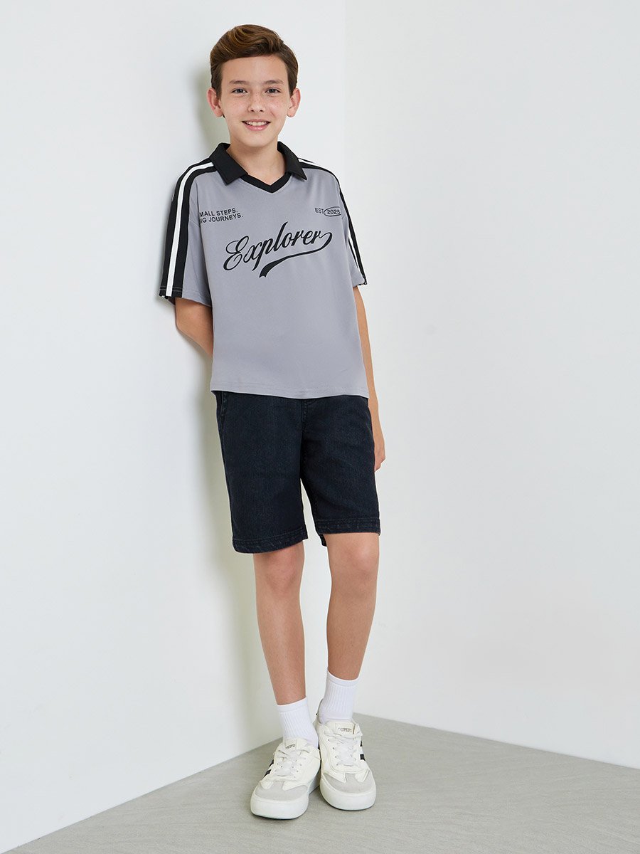 Teen Boys Text Print Open Collar Polo T-Shirt