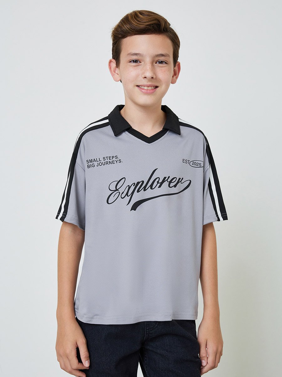 Teen Boys Text Print Open Collar Polo T-Shirt