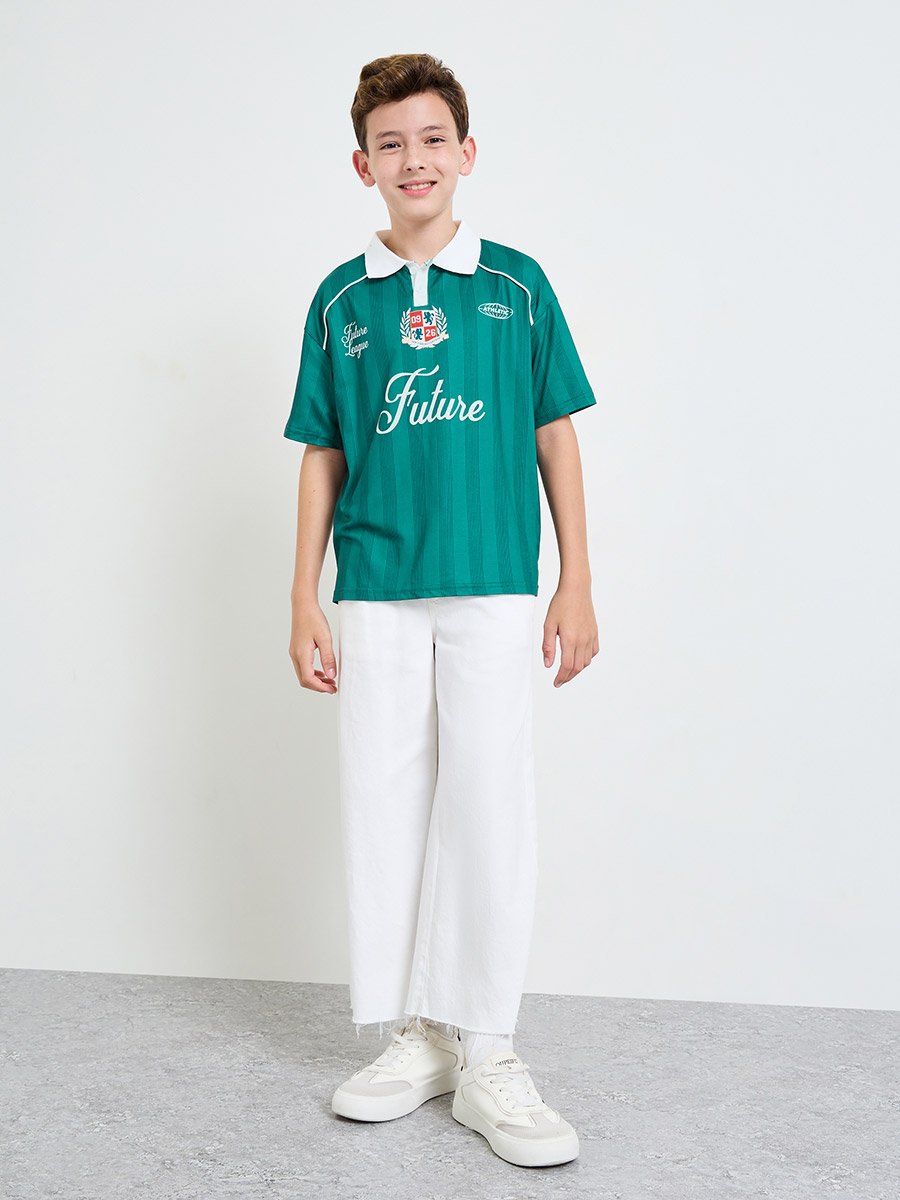 Boys Contrast Collar Raglan Sleeve T-Shirt with Text Print
