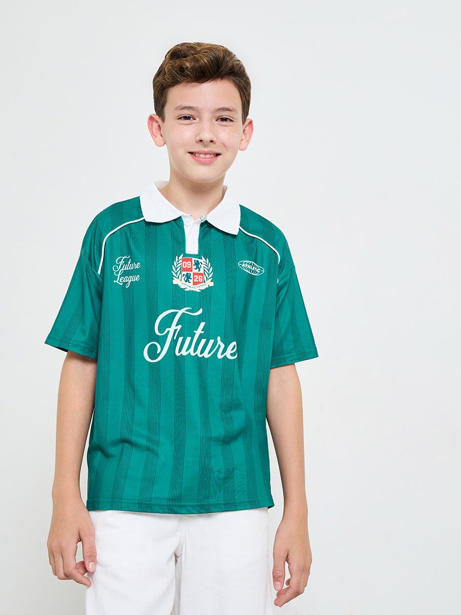 Boys Contrast Collar Raglan Sleeve T-Shirt with Text Print
