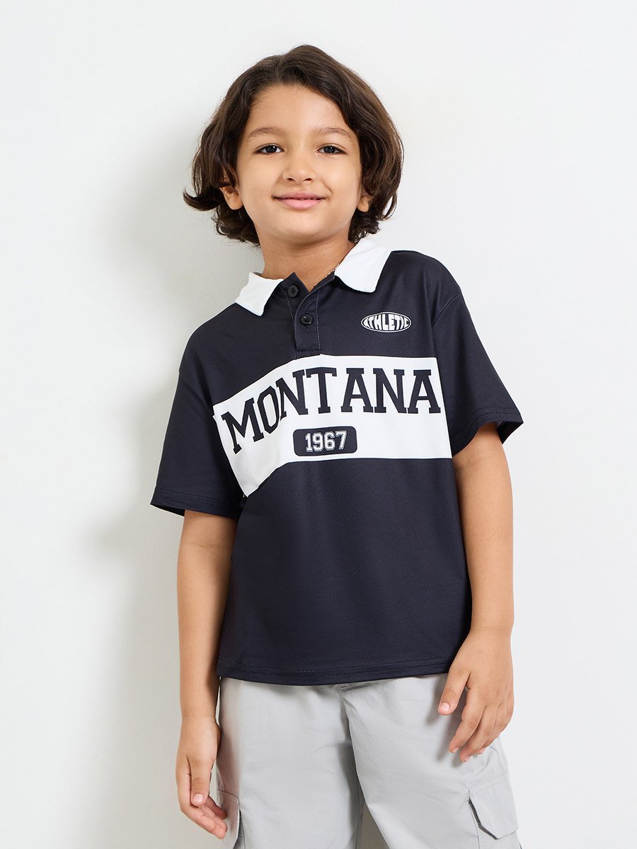 Boys Oversized Text Printed Polo T-Shirt