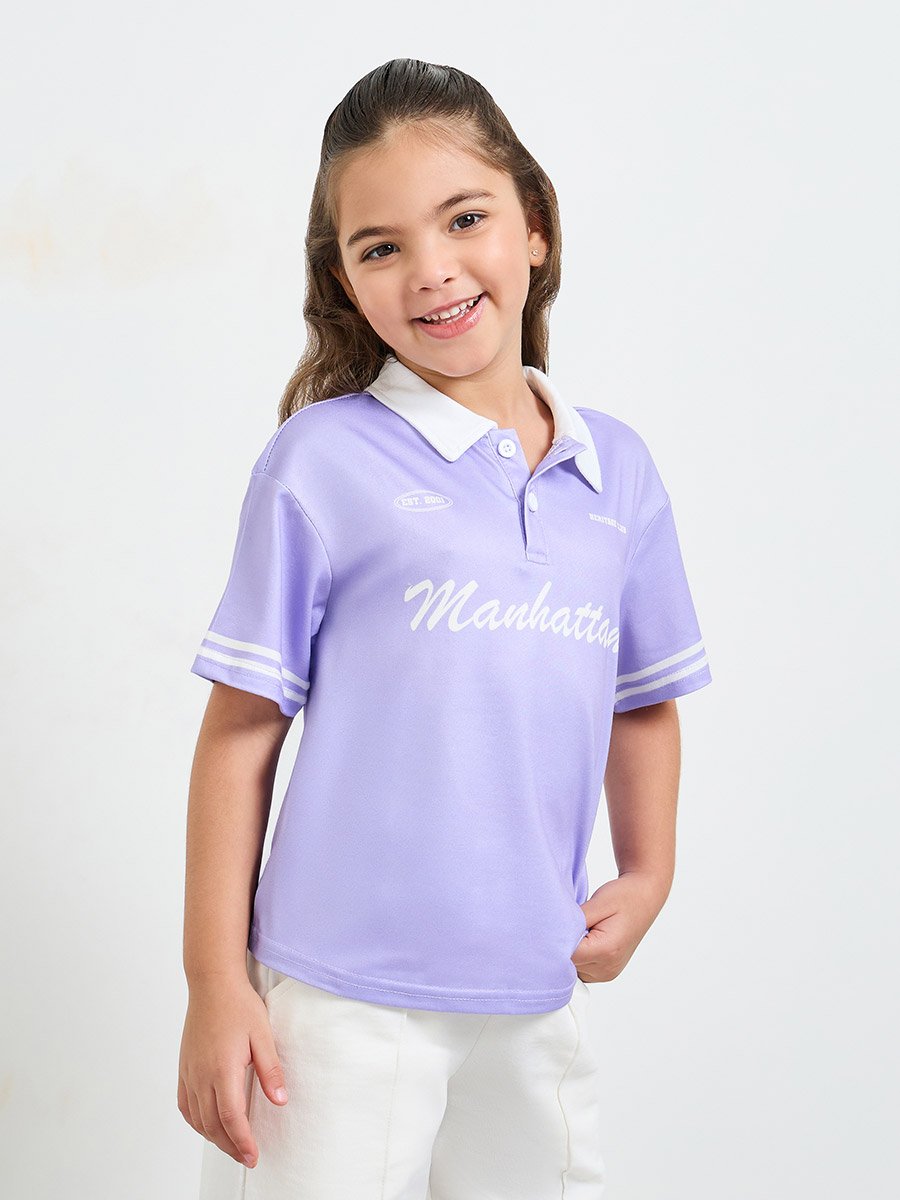 Girls Text Print Short Sleeve Polo T-Shirt